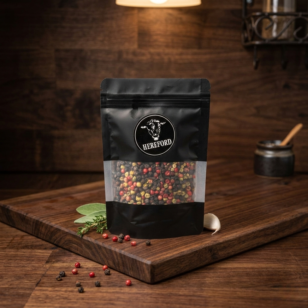 Gourmet pepper blend in black pouch with spices on wooden surface