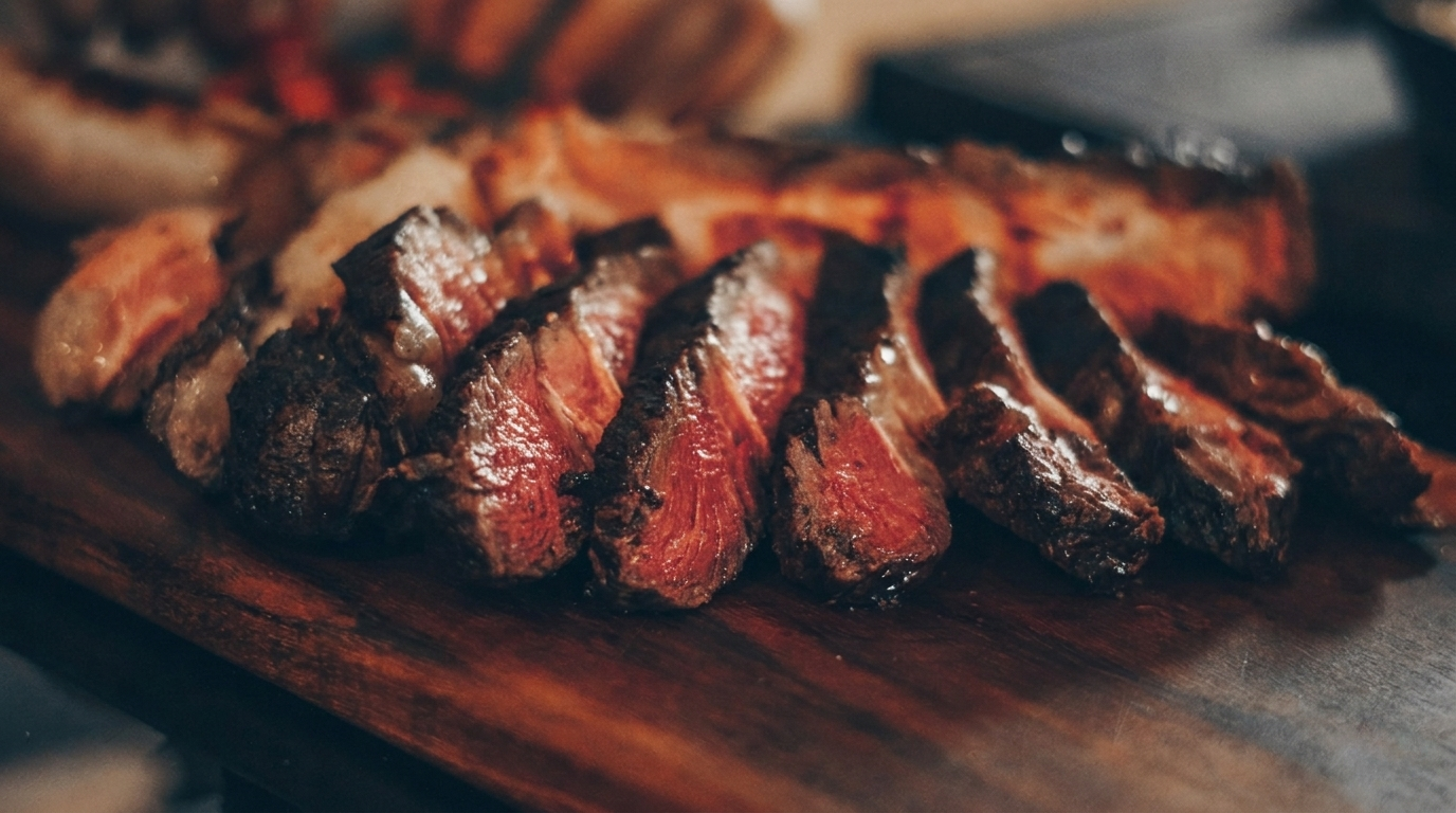 Sliced grilled beef steak medium rare on wooden board
